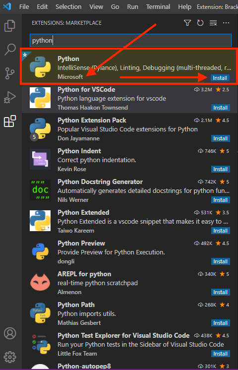 Pointing to the Python extension by Microsoft in the list of extensions. Click 'Install'