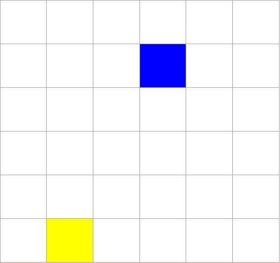 A 6x6 grid with 2 colored cells.