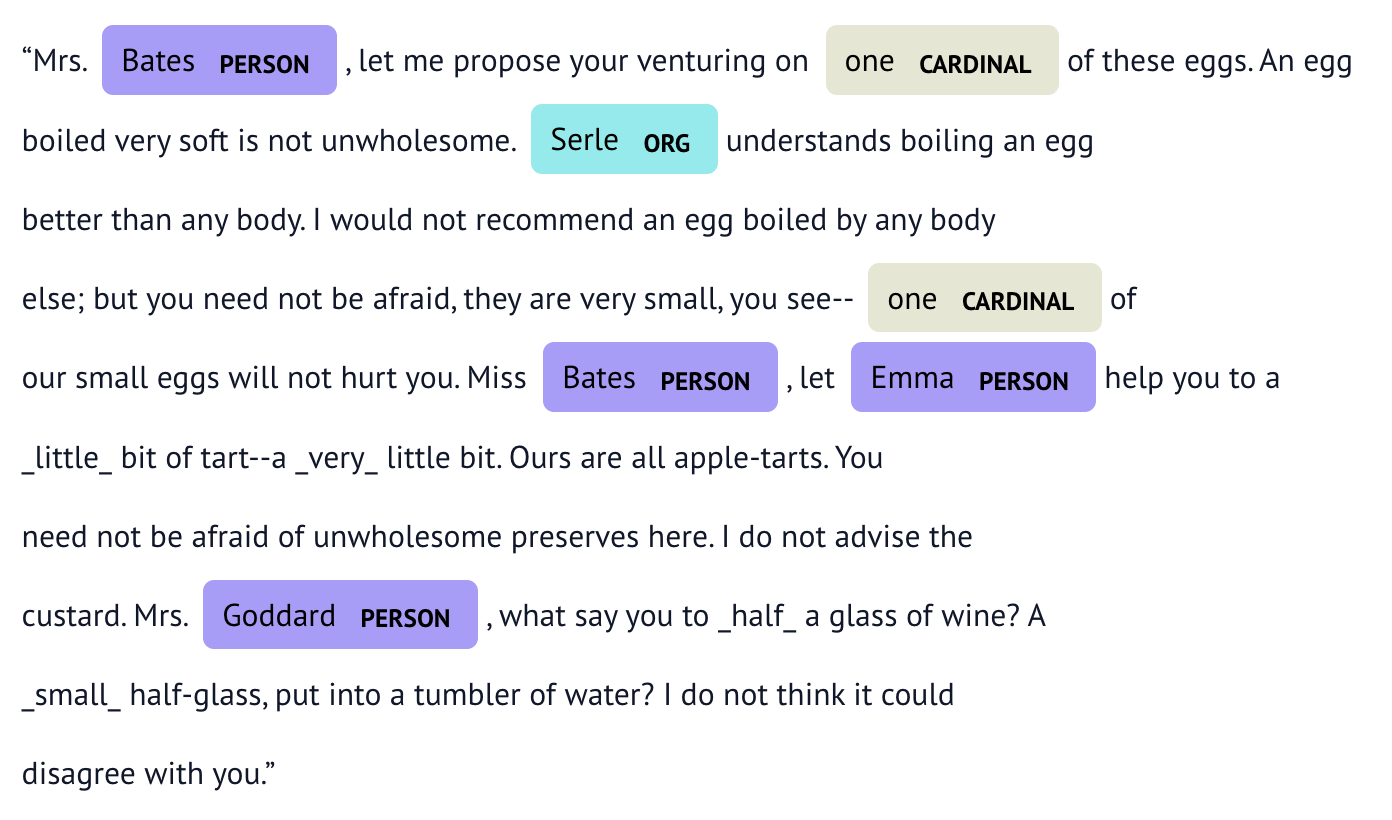 A passage from Emma with named entities highlighted in color by category.