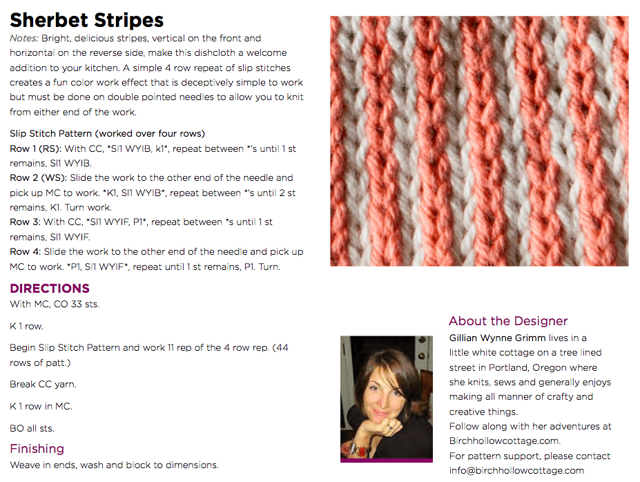 Knitting pattern instructions for a Sherbet Stripes dishcloth with an image of the finished texture.