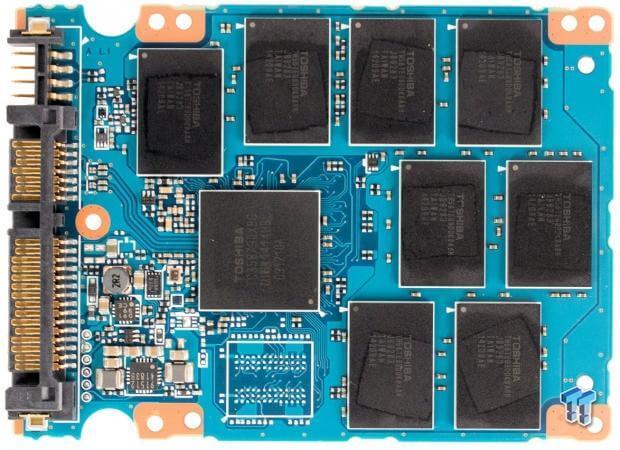 Close-up of a solid-state drive (SSD) circuit board showing memory chips and connectors.