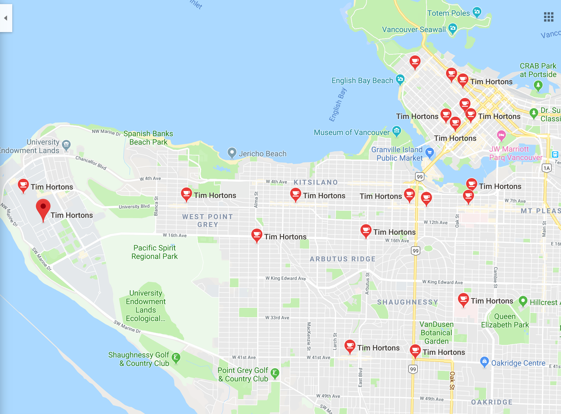 A map of Vaoncouver on the western part of the Burrard Peninsula with pins marking Tim Hortons locations.