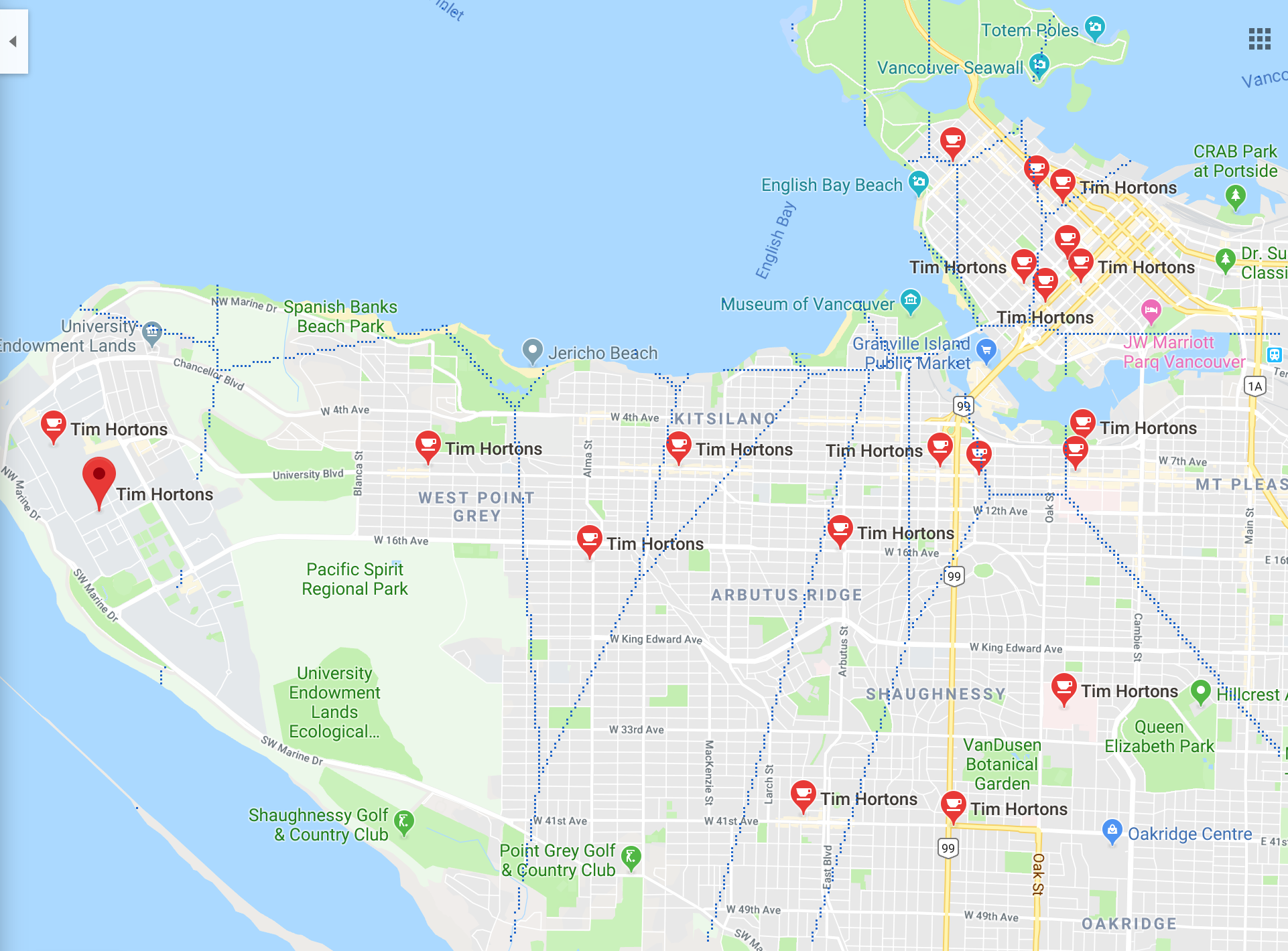 A map of Vancouver with Tim Hortons locations and Voronoi region boundaries.