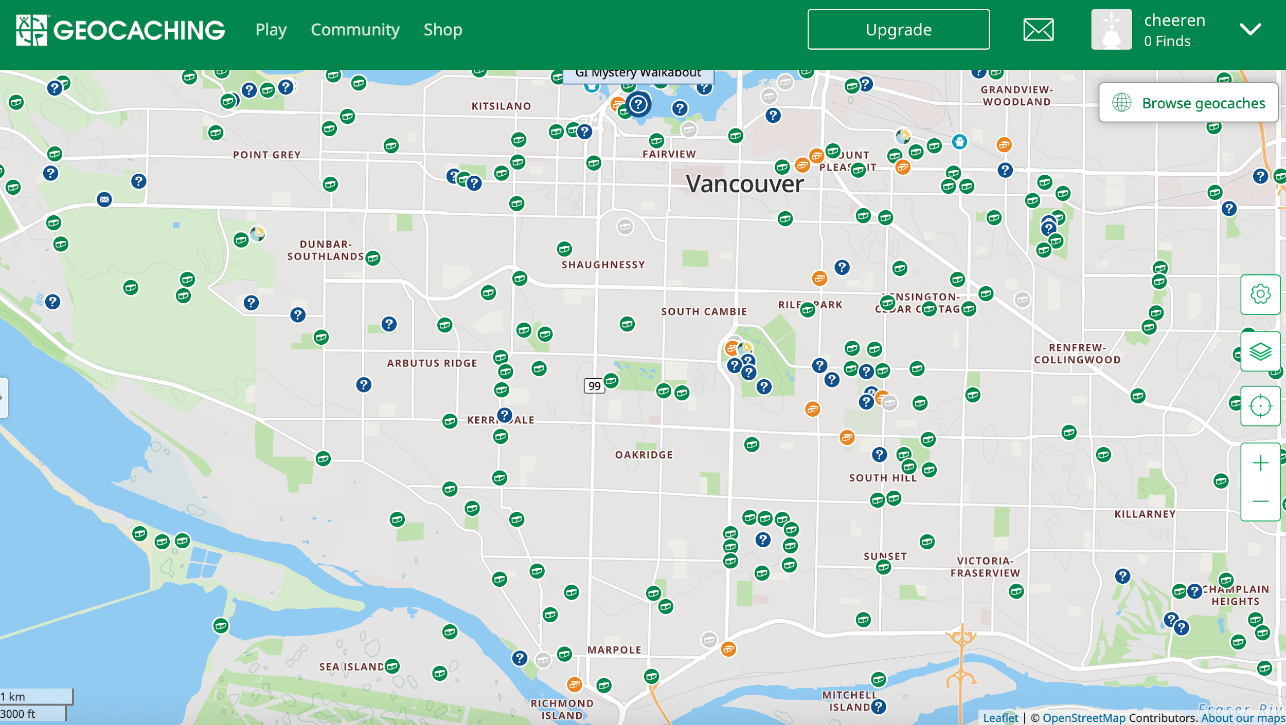 Map of Vancouver showing markers indicating geocaches.