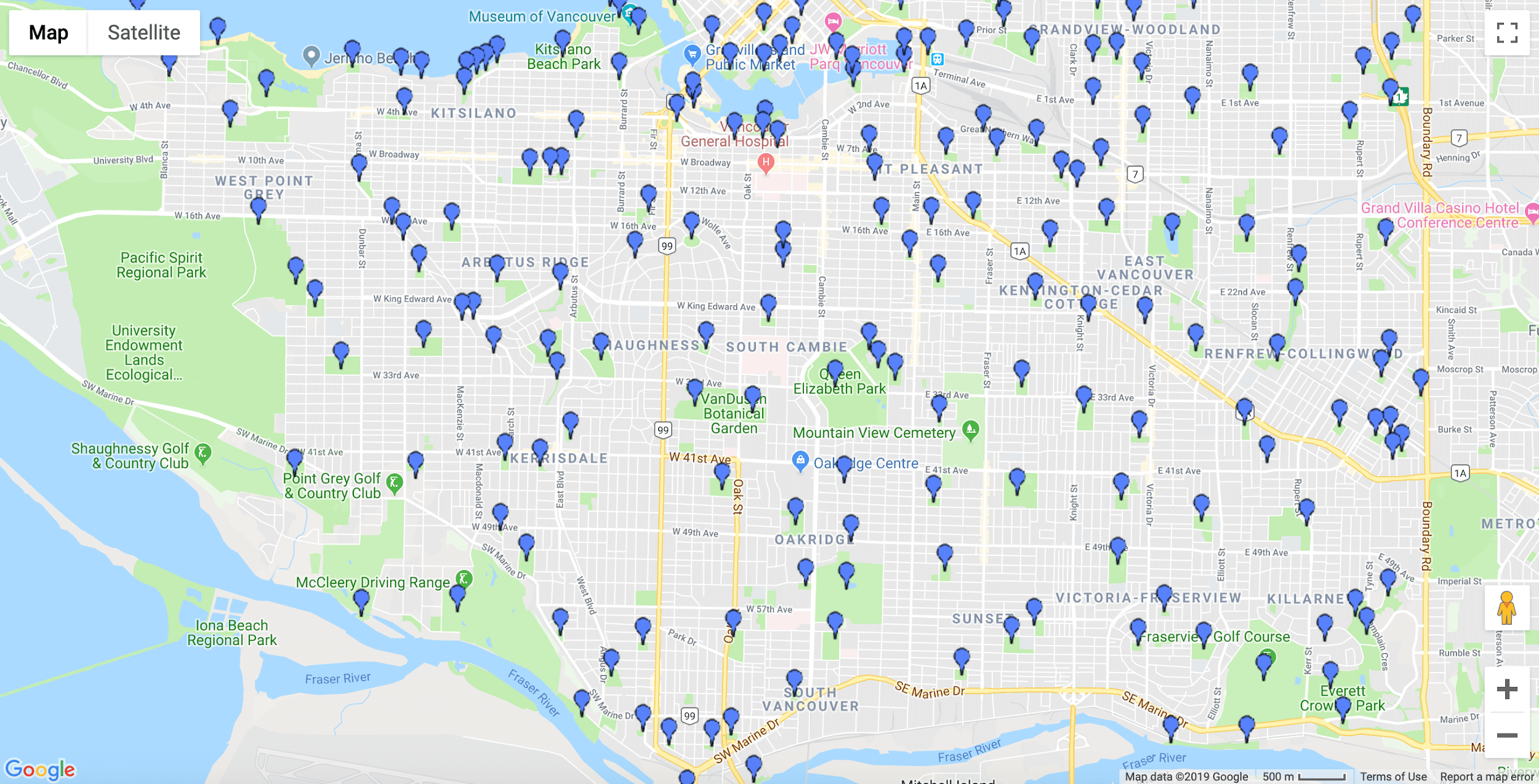 Map of Vancouver showing markers indicating parks.