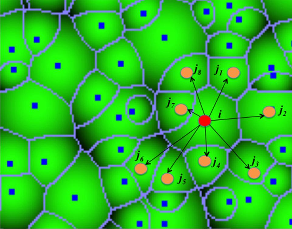 Voronoi diagram of trees showing their centres and regions.