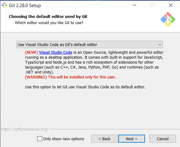 Choosing 'Use Visual Studio Code as Git's default editor' from the drop-down menu