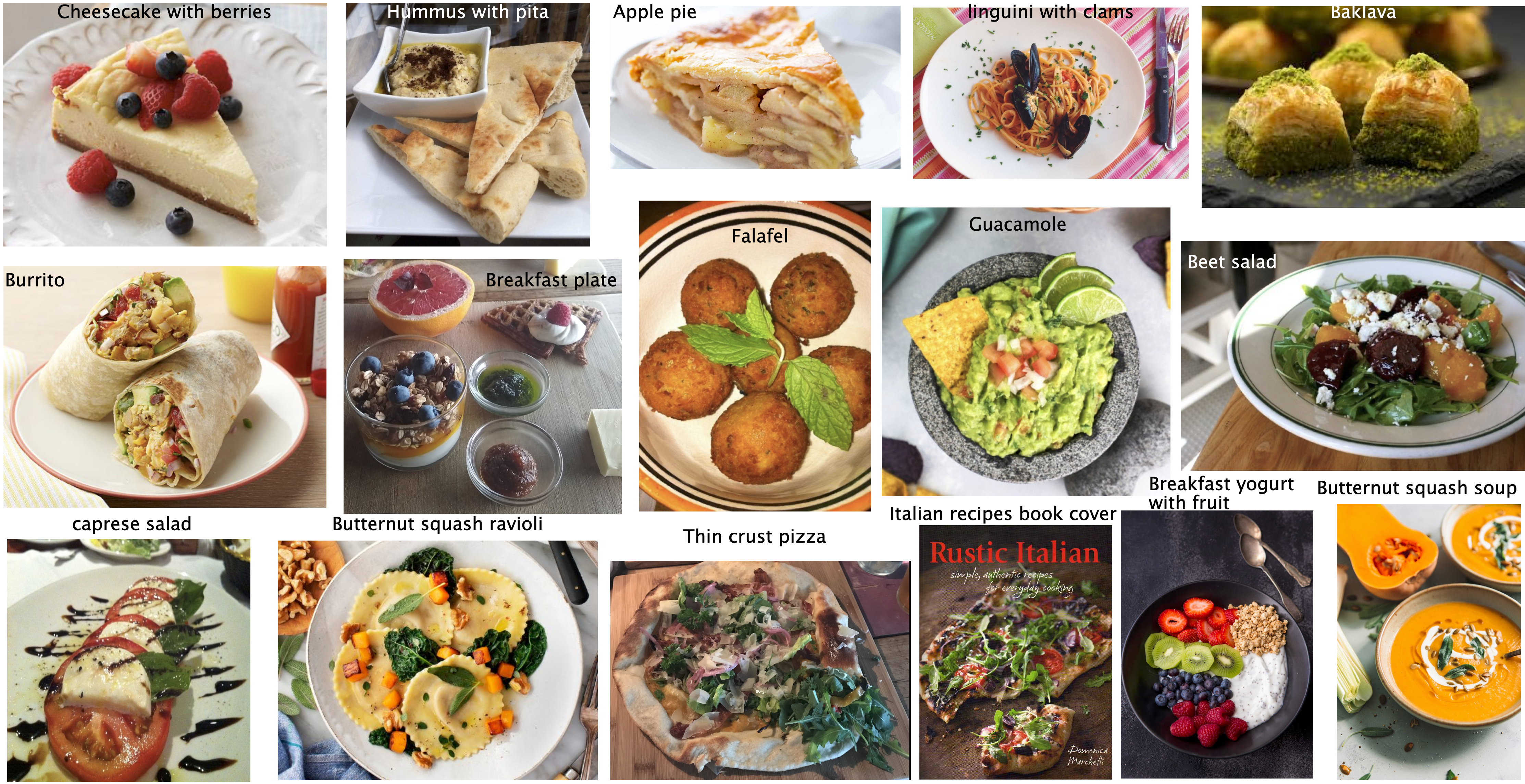 A collage of many foods, including desserts, pasta, salads, soup, and breakfast dishes