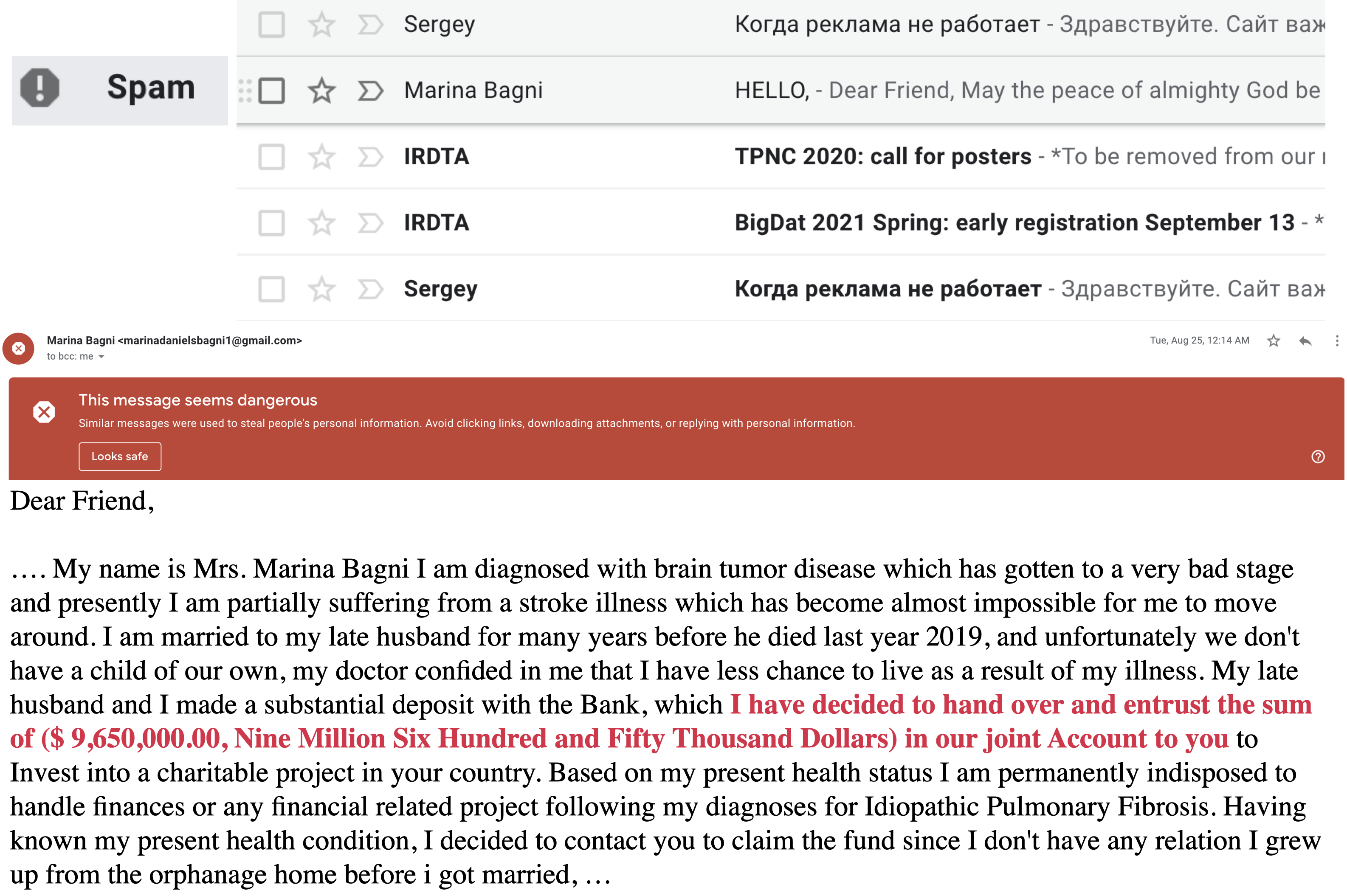 An email interface marking a message as spam